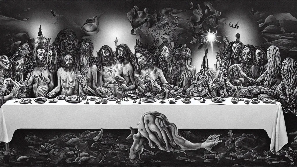 Prompt: the newest masterpiece of salvador dali inspired by dan hillier, it is called ; the last supper