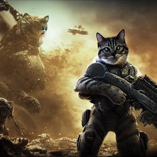 Image similar to lil bub the cat in gears of war, splash art, movie still, cinematic lighting, dramatic, octane render, long lens, shallow depth of field, bokeh, anamorphic lens flare, 8 k, hyper detailed, 3 5 mm film grain