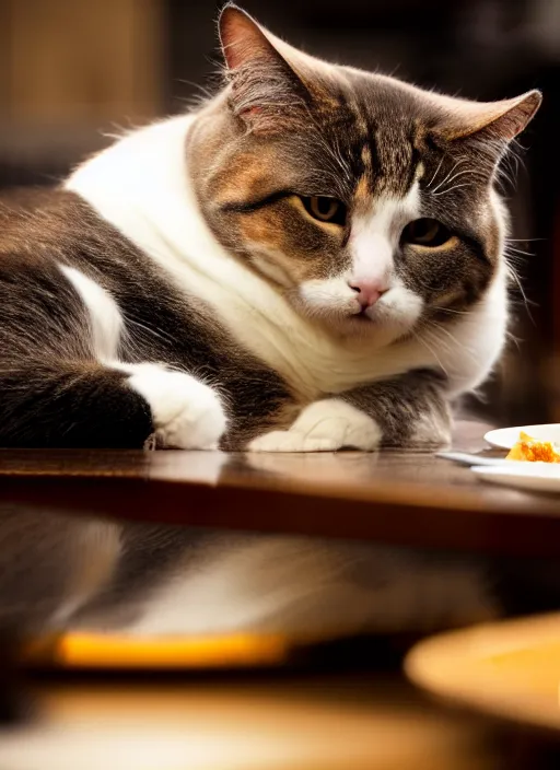 Prompt: photograph of a fat cat lying on a restaurant table 4k, high details, trending on Artstation