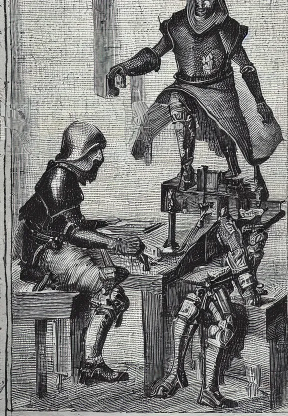 Prompt: [Medieval templar sitting on a desk watching youtube on a computer in a little dark room, illustration, sharp!, focus, high quality, smooth!!]