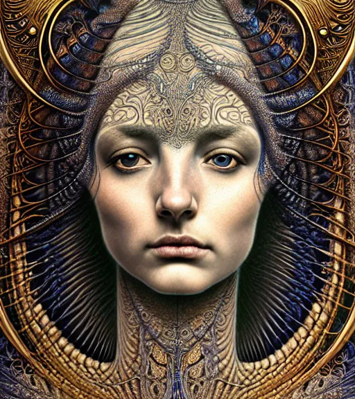 Image similar to detailed realistic beautiful cleopatra face portrait by jean delville, gustave dore, iris van herpen and marco mazzoni, art forms of nature by ernst haeckel, art nouveau, symbolist, visionary, gothic, neo - gothic, pre - raphaelite, fractal lace, intricate alien botanicals, ai biodiversity, surreality, hyperdetailed ultrasharp octane render