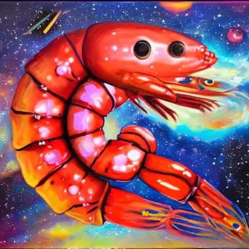 Prompt: a giant cosmic shrimp in deep space, oil painting