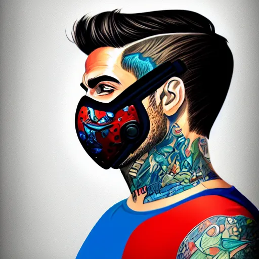 Prompt: a profile photo of a man with underwater mask with tattoos on arm and neck, side profile in underwater, highly detailed, digital painting, artstation, illustration by Sandra Chevrier