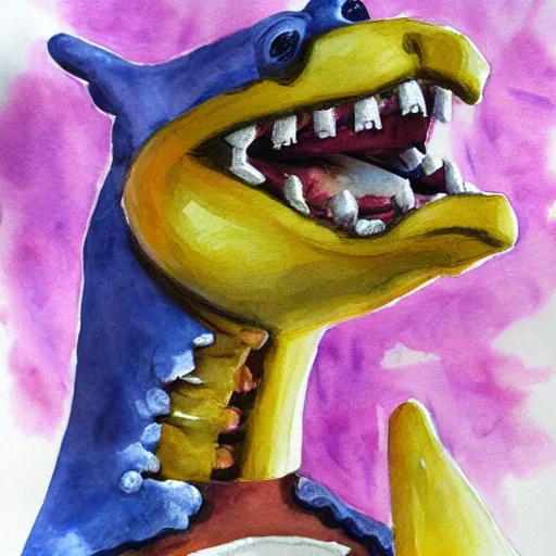 Image similar to water color on paper, chica animatronic portrait, highly detailed, artstation, masterpiece, award - winning,