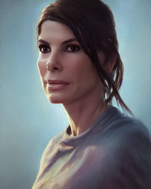 Image similar to painterly portrait, Sandra Bullock, fantasy, pascal blanch:7, james gurney:7, unreal engine:-1, cinematic light:7, 4k octane render:-1, trending on artstation:7, pinterest, full face, symmetrical face, volumetric lighting, deviantart