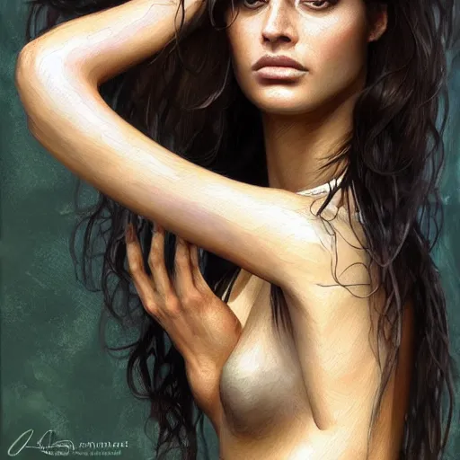 Prompt: Portrait of a Brazilian Supermodel, Watercolor, photorealistic, high resolution, award winning, trending on artstation, olive skin, long dark hair, beautiful bone structure, intricate, elegant, highly detailed, digital painting, artstation, concept art, smooth, sharp focus, illustration, art by artgerm and greg rutkowski and alphonse mucha