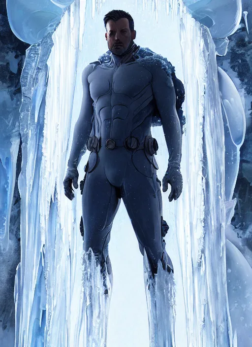 Image similar to character design by james jean, jakub rebelka, tran nguyen, yoann lossel, wadim kashin ( ( ( portrait of ben affleck as ice man from xmen ) ) ) emerging from a frozen icicle portal, sharp edges. ultra clear detailed. 8 k. ultra detailed, majestic, intricate