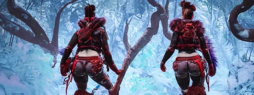 Image similar to athletic muscular explorer woman walking in animal fur armour, crop top midriff, walking in a dense alien snow covered frosty jungle, with snow covered colourful red, blue and purple plants, large vines, snow covered arched organic rock structures, in the style of monster hunter world, like concept art on artstation, hyperdetailed, vray render, octane render,