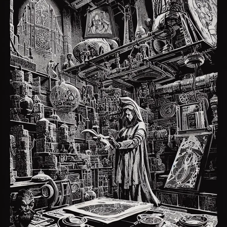 Prompt: ancient alchemist wizards laboratory, high details, lineart, by vincent di fate, inking, 3 color screen print, masterpiece, trending on artstation, etching, sharp, high contrast, hyper - detailed, hd, 4 k, 8 k