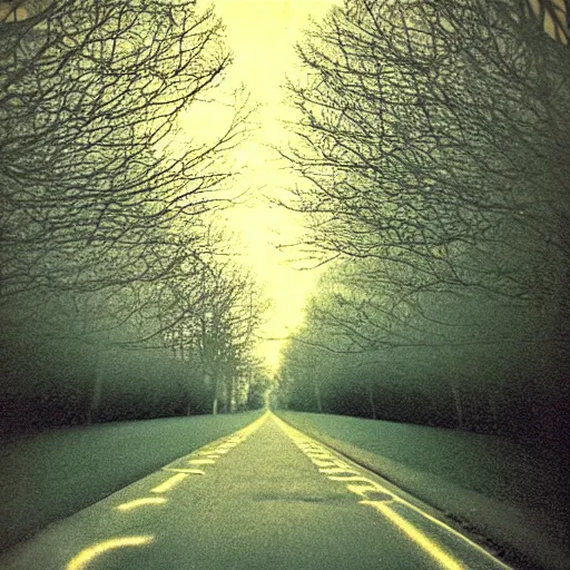 Image similar to Beautiful cameraphone 2000s, soft liminal Photograph of an estate road at night, hedge