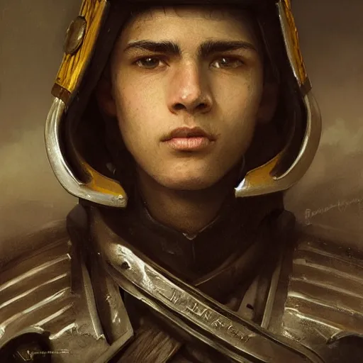 Image similar to Medium closeup young idealistic and pious male Imperial soldier wearing a black and yellow tabard over a gambeson and a steel open helm, by Raymond Swanland Greg Rutkowski Lise Deharm, {perfect face}, {perfect eyes}