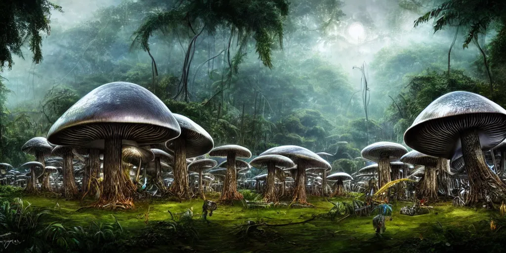 Prompt: a clearing in the jungle reveals a chrome metal village full of mushroom houses, matte oil painting, cybernetic, science fantasy, retrofuturistic, biblical, rpg, queer, pride, epic, extremely detailed, sharp focus, 4 k