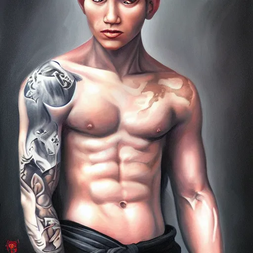 Prompt: A detailed matte oil on canvas painting of a young white male martial artist monk, orchid arm tattoos by artgerm, trending on artstationhd, dungeons and dragons art