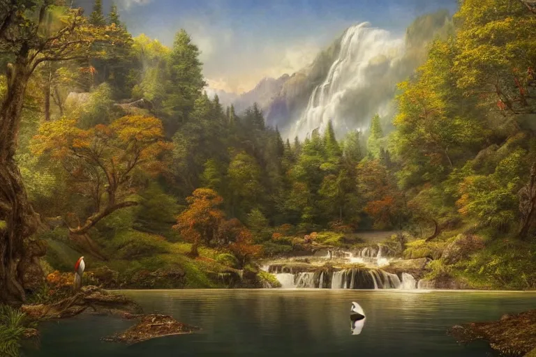 Image similar to a beautiful scene of a serene lake surrounded by trees, waterfalls flowing in between the trees, birds flying above, detailed realistic art