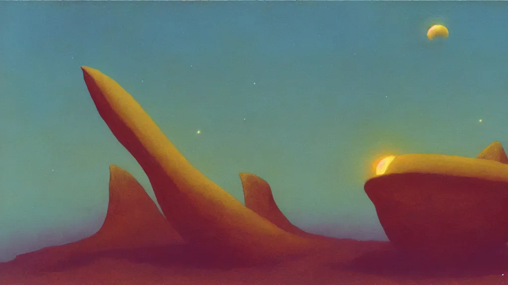 Image similar to mysterious sculpture of an alien crescent moon by paul lehr and john schoenherr, cinematic matte painting