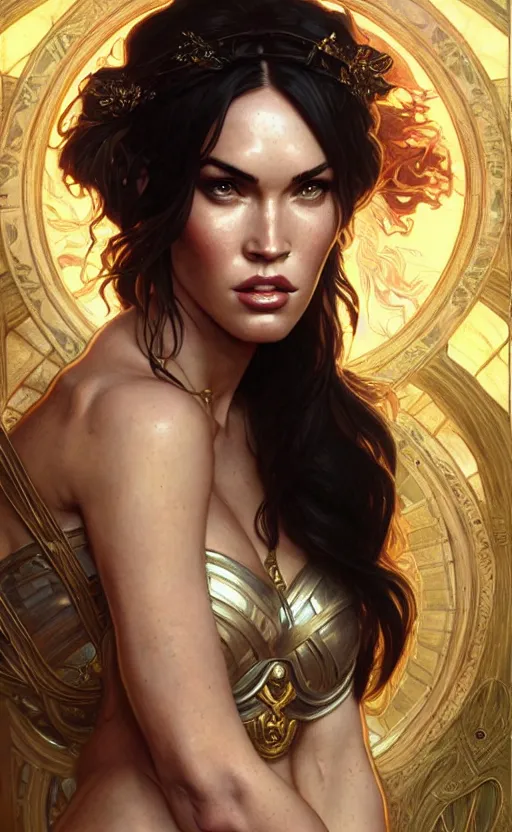 Image similar to portrait of megan fox as the goddess circe, greek mythology, intricate, headshot, highly detailed, digital painting, artstation, concept art, sharp focus, cinematic lighting, illustration, art by artgerm and greg rutkowski, alphonse mucha, cgsociety