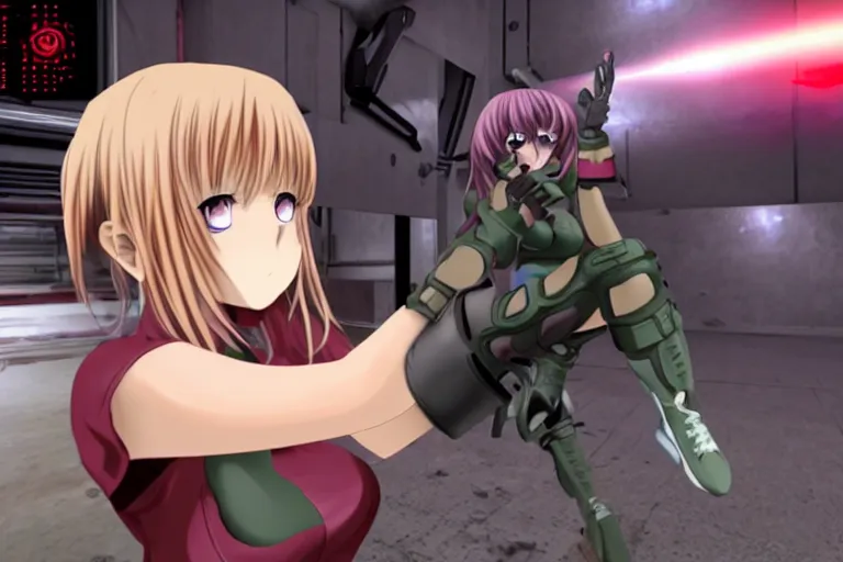 Image similar to an anime girl in a screenshot of the video game doom, the anime girl is crouching