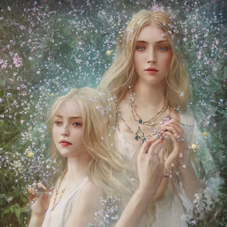 Image similar to a blonde girl in white dress in beautiful window, necklace with a fruit seed ornament, ocean eyes, light freckles, incense smoke and flowers in the background, portrait, mucha, conceptart, medium shot, unreal, octane, symmetrical, photorealism.