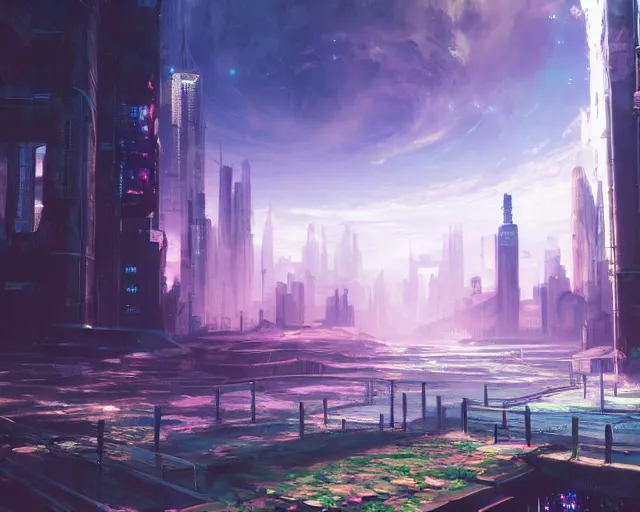 Image similar to scenery artwork, scene beautiful, light!! light essential futuristic city world and nature vegetation with daylight, surrealism oil on canvas, artstation!! pixiv!! dream scenery, quality astral projection render, nier automata concept art, vaporwave textures