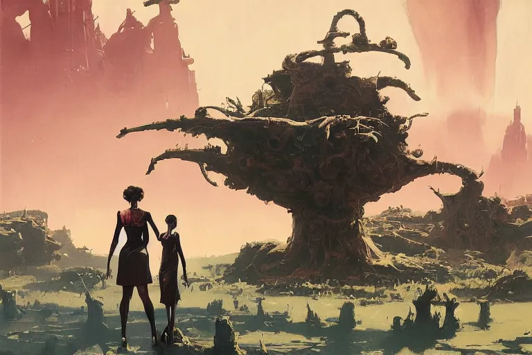 Image similar to 5 0 s pulp scifi illustration, woman holding retro ray gun stands beside tall martian creature, beautiful landscape, plain stretching into distance, pond, baobab trees, painted by bergey, craig mullins, ruan jia, raymond swanland, jeremy mann, beksinski, jack kirby, tom lovell, alex malveda, schomburg