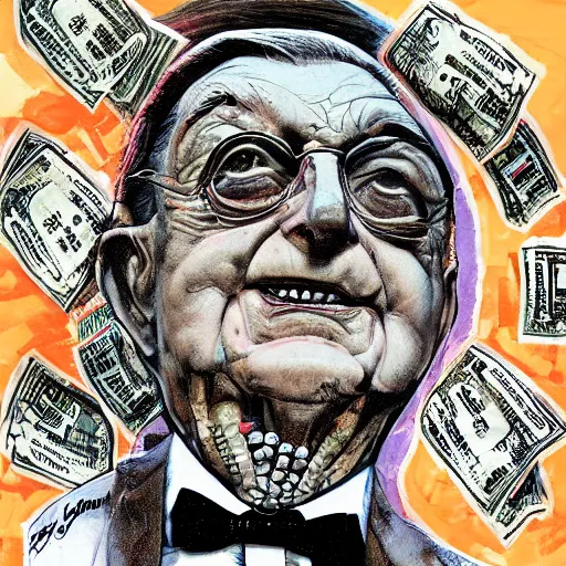 Image similar to George Soros full body shot, dollar bills Body horror, biopunk, by Ralph Steadman, Francis Bacon, Hunter S Thompson