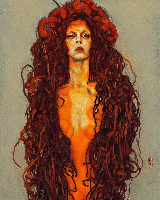 Prompt: portrait of orange medusa by greg rutkowski in the style of egon schiele