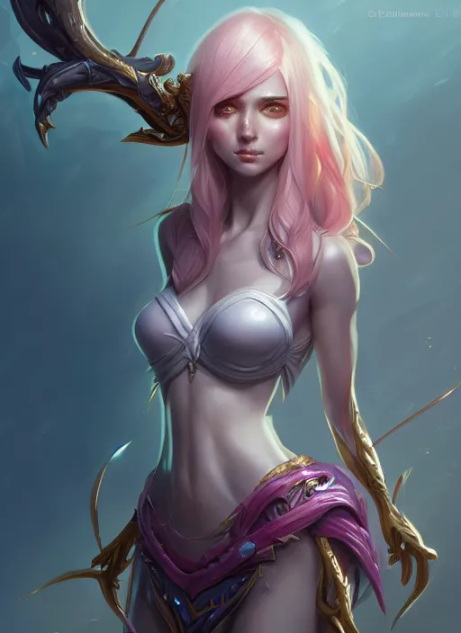 Image similar to zyra, wide angle view, white, black, blue, pink, gold, highly detailed, artgerm, cushart krenz, trending on artstation, soft light, sharp edges, illustration, character design, concept art