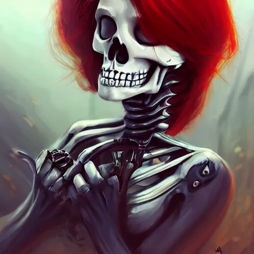 Image similar to cute & beautiful smug smiling undead skeleton girl with very attractive face and red hair dressed as a metrocop, elegant, digital art, fullbody painting, fantasy, pixar style, painting, pin up, highly detailed, artstation, art by artgerm, vrubel, greg rutkowski, ilya kuvshinov, raymond swanland