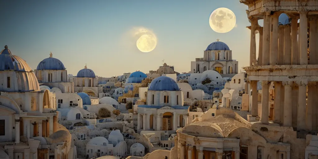 Prompt: human futuristic city, highly detailed,, beautiful architecture greek style, si - fi, golden hour light, two moon on the sky, 8 k, sharp focus, cinematic
