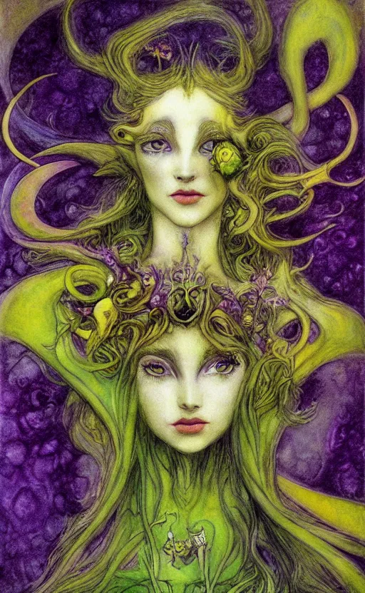 Prompt: portrait of princess of the dreamlands and moon beast, by brian froud, vibrant colors, yellow purple green, minimalist