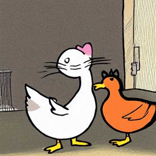 Image similar to a kitten and a duck in love cartoon