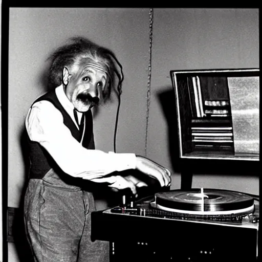 Image similar to color photograph of Albert Einstein DJing a record player at a nightclub, color photograph