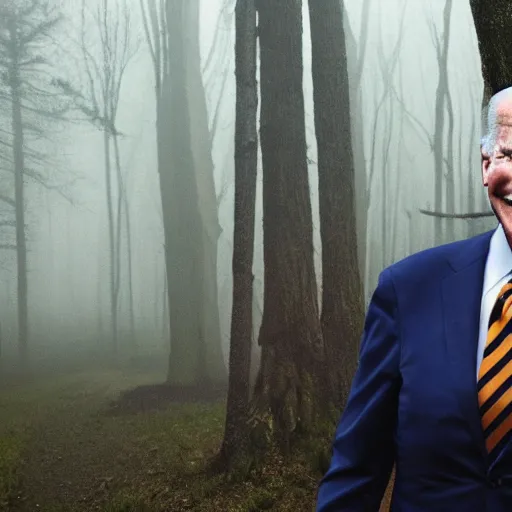 Image similar to joe biden with 4 arms standing ominously far in the foggy woods with a demonic wide smile in his face, iphone photo, creepy