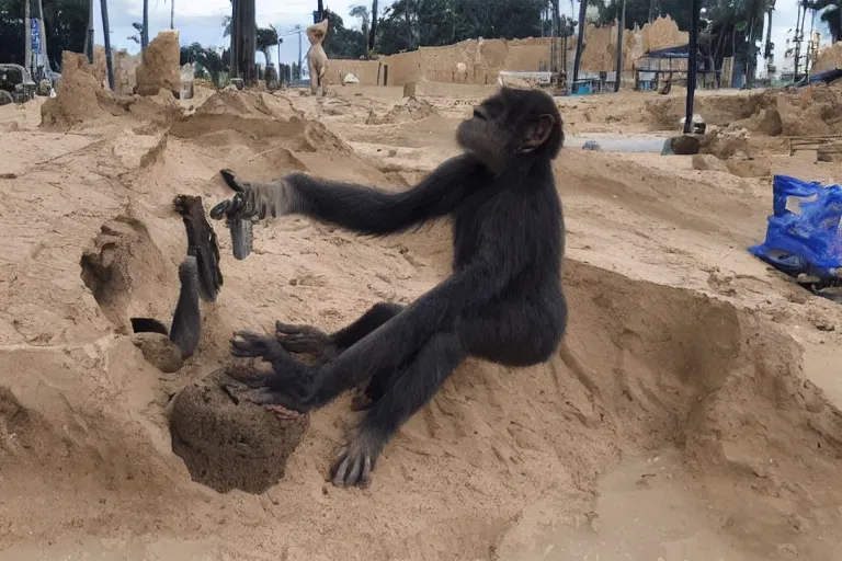 Image similar to a monkey touching a completed sand castle