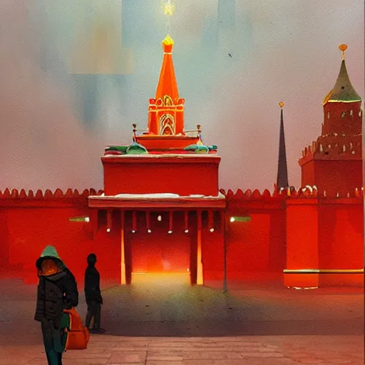 Image similar to a painting of a burning Red Square in Moscow, a watercolor and matte painting by Beeple and RHADS and maxfield parrish, cgsociety, brutalism, dystopian art, sci-fi, artstation hq