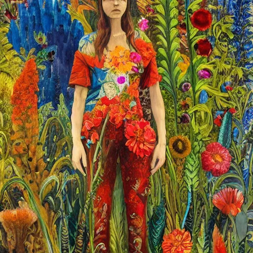 Image similar to A painting with a world of various flowers and plants, in which there is a figure of a human, dressed in something magical and impressive, inside this clothes infinity is all in sunset light