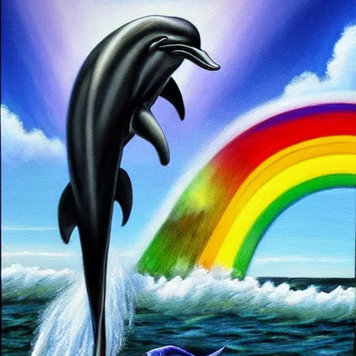 Image similar to a hyper realistic painting of the grim reaper riding a dolphin over a rainbow, highly detailed, vivid color,