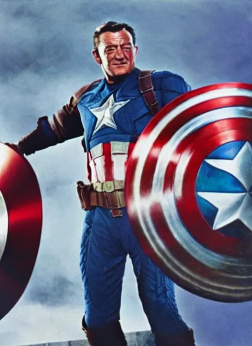 Image similar to film still of John Wayne as Captain America in Captain America The First Avenger, 4k