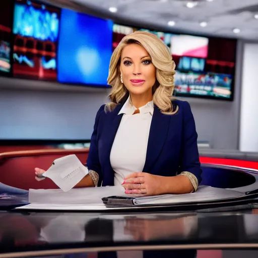 Image similar to cinematic studio photograph of a fox news anchorwoman at work, by daniella zalcman, highly detailed, canon eos r 3, f / 1. 4, iso 2 0 0, 1 / 1 6 0 s, 8 k, raw, unedited, symmetrical balance