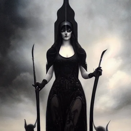 Prompt: By Tom Bagshaw, ultra realist soft painting of curiosities festival by night, very beautiful horn female in long gothic dress thin dark lustrous hair, symmetry accurate features, very intricate details, omnious sky, black and white, volumetric light clouds