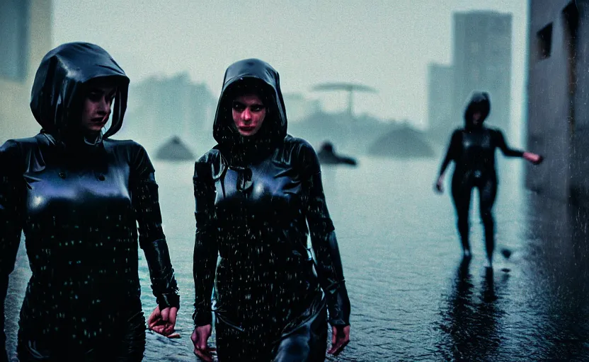 Image similar to cinestill 5 0 d candid photographic portrait by steve mccurry of two loving female androids sobbing wearing rugged black mesh techwear in treacherous waters, flooded city, medium closeup, retrofuturism cyberpunk moody emotional cinematic, pouring iridescent rain bright spotlight helicopter, 8 k, hd, high resolution, 3 5 mm, f / 3 2, ultra realistic faces, ex machina