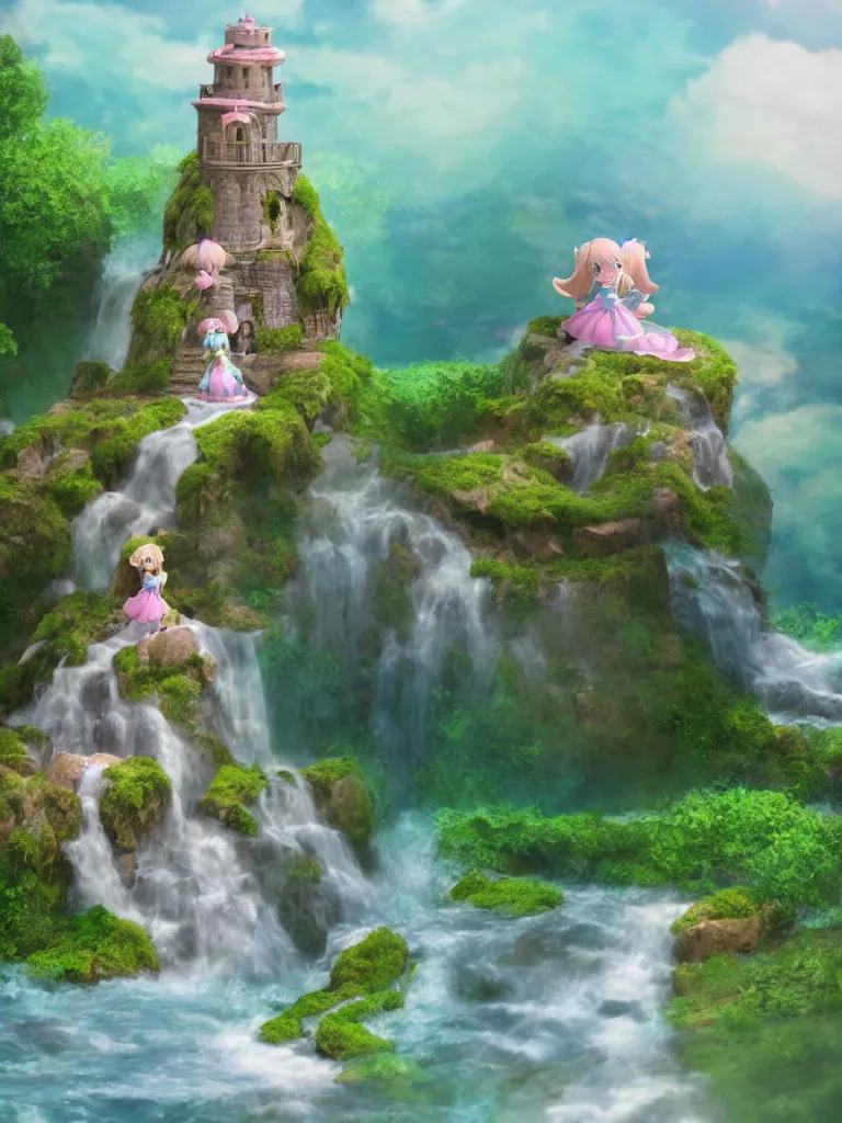 Image similar to cute fumo plush of a princess girl in a tower on a tiny island with a long flowing waterfall, floating island, vignette, vray