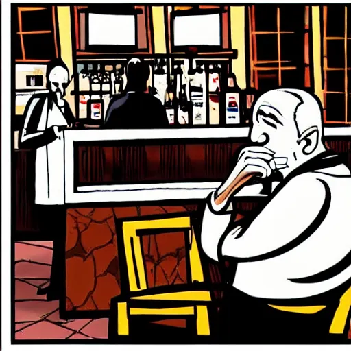 Prompt: An oldman, smoking, in a bar, Graphic Novel style , Wide Angle