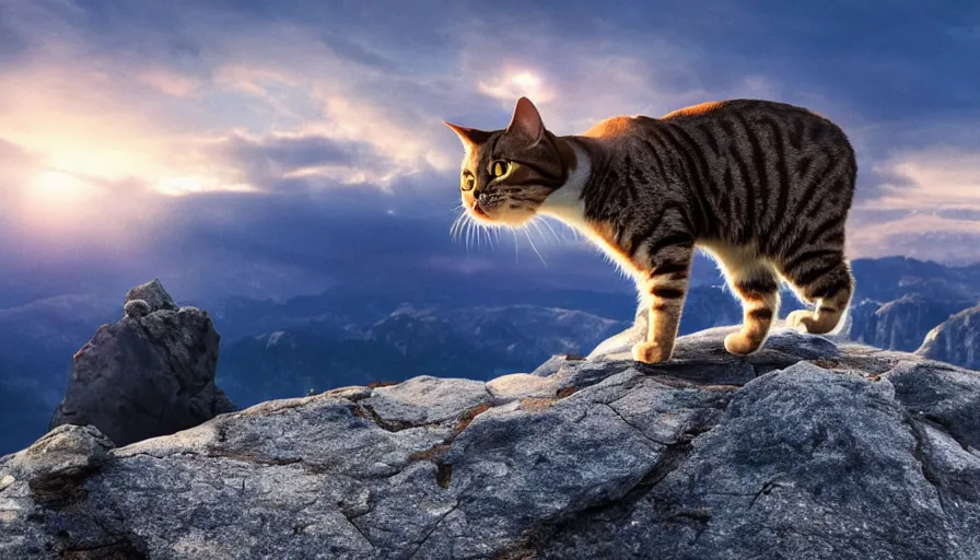 Image similar to a cat standing on the peak of a mountain, looking up, realistic, epic lighting, epic composition, 4 k