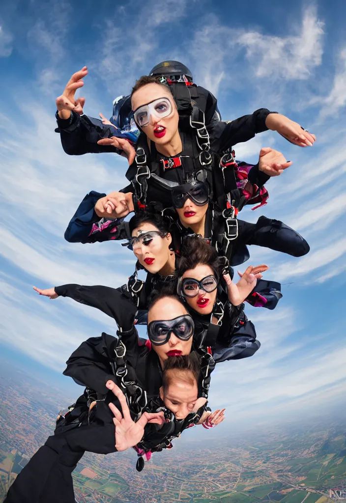 Prompt: fashion editorial skydive. wide angle shot. highly detailed.