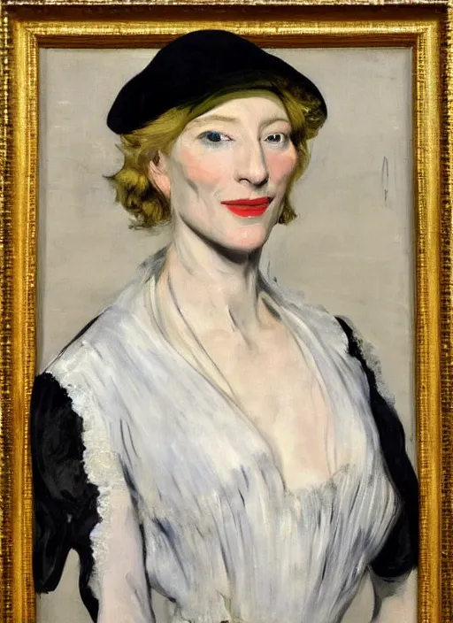 Image similar to An antique oil painting of cate blanchett by Manet, super detailed, hd