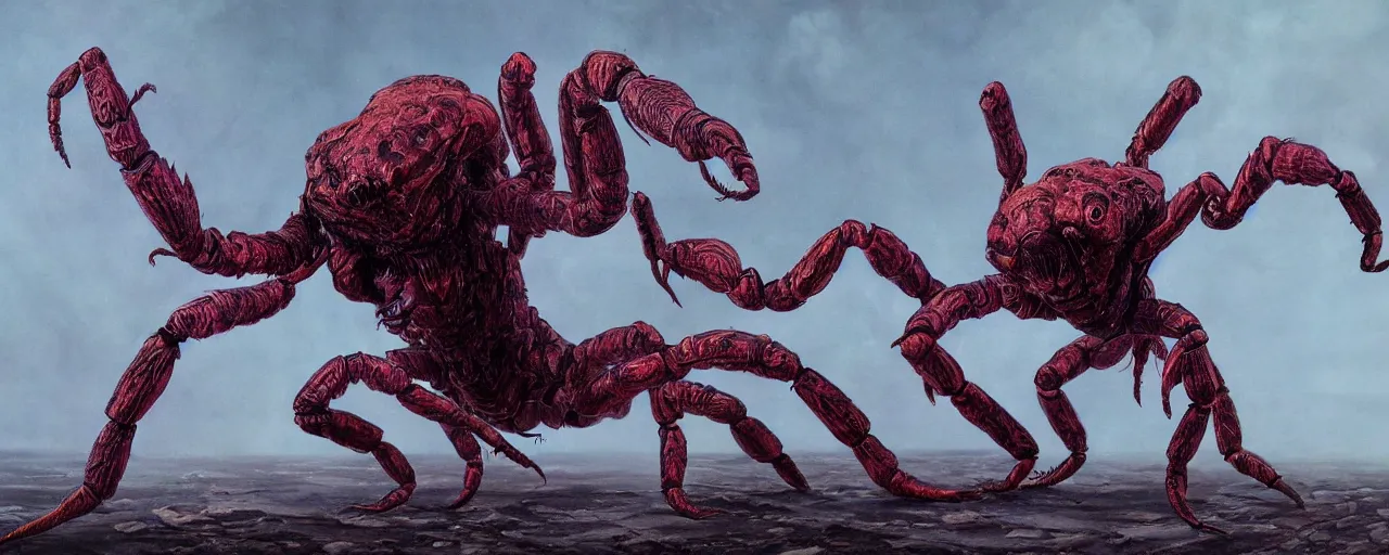 Prompt: a matte oil painting of a grotesque many-limbed humanoid scorpion aberration in the style of wayne barlowe