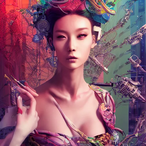 Prompt: the portrait of an absurdly beautiful, graceful, elegant, sophisticated, fashionable cyberpunk gravure idol, an ultrafine hyperdetailed illustration by kim jung gi, irakli nadar, hanna moon, leslie zhang intricate linework, bright colors, collage, porcelain skin, unreal engine 5 highly rendered, cgsociety, global illumination, radiant light, detailed and intricate environment