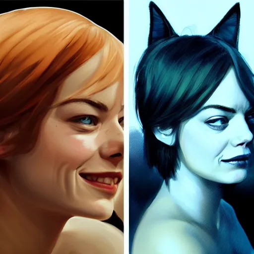 Prompt: face portrait : left - half of face is is sad emma stone in fox ears, right - half of face is smiling emma stone, fine details, realistic shaded lighting poster by greg rutkowski, magali villeneuve, artgerm, jeremy lipkin and michael garmash and rob rey