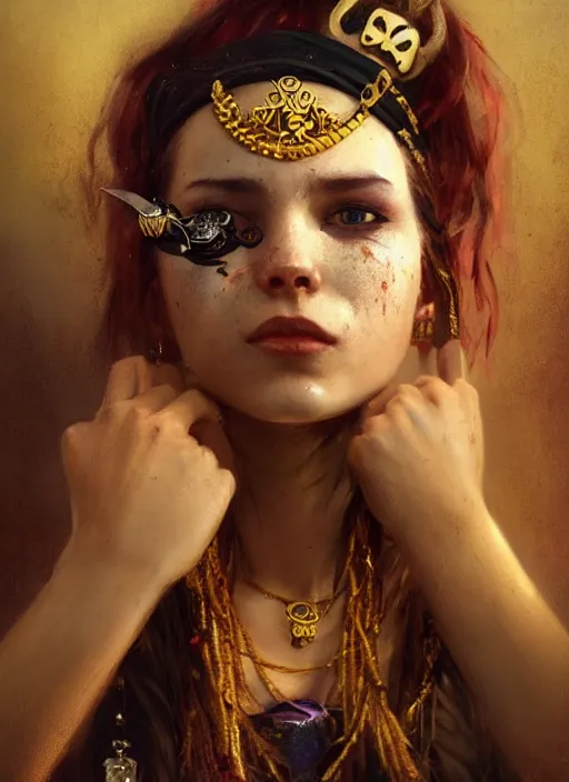 Image similar to full body picture of a pirate girl, hard breathing, messy hair, very excited, front of the treasure box, jewels and gold on the background, coveted, beautiful and aesthetic and attractive and detailed face, specular reflection, occlusion shadow, intricate, bokeh, masterpiece, by ilya kuvshinov and jeremy lipking and quentin mabille